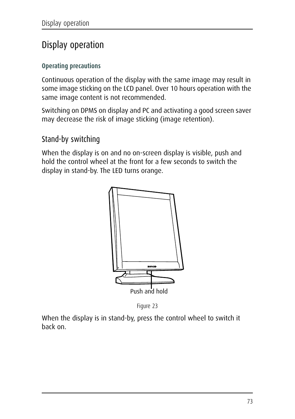 Display operation, Stand-by switching | Barco CORONIS MFGD 3621 User Manual | Page 73 / 119