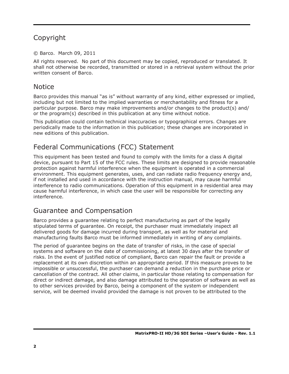 Copyright, Notice, Federal communications (fcc) statement | Guarantee and compensation | Barco MATRIXPRO-II 3G/HD/SD-SD User Manual | Page 2 / 33