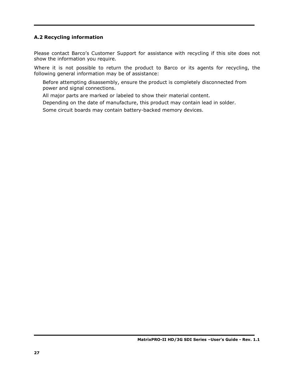 Barco MATRIXPRO-II 3G/HD/SD-SD User Manual | Page 27 / 33