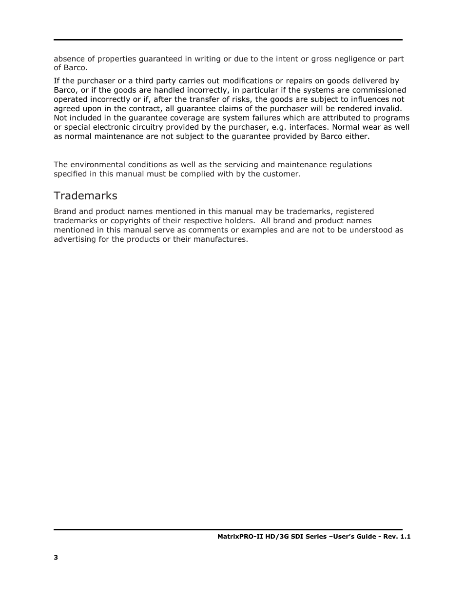 Trademarks | Barco MATRIXPRO-II 3G/HD/SD-SD User Manual | Page 3 / 33