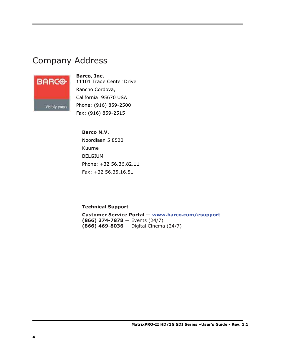 Company address | Barco MATRIXPRO-II 3G/HD/SD-SD User Manual | Page 4 / 33