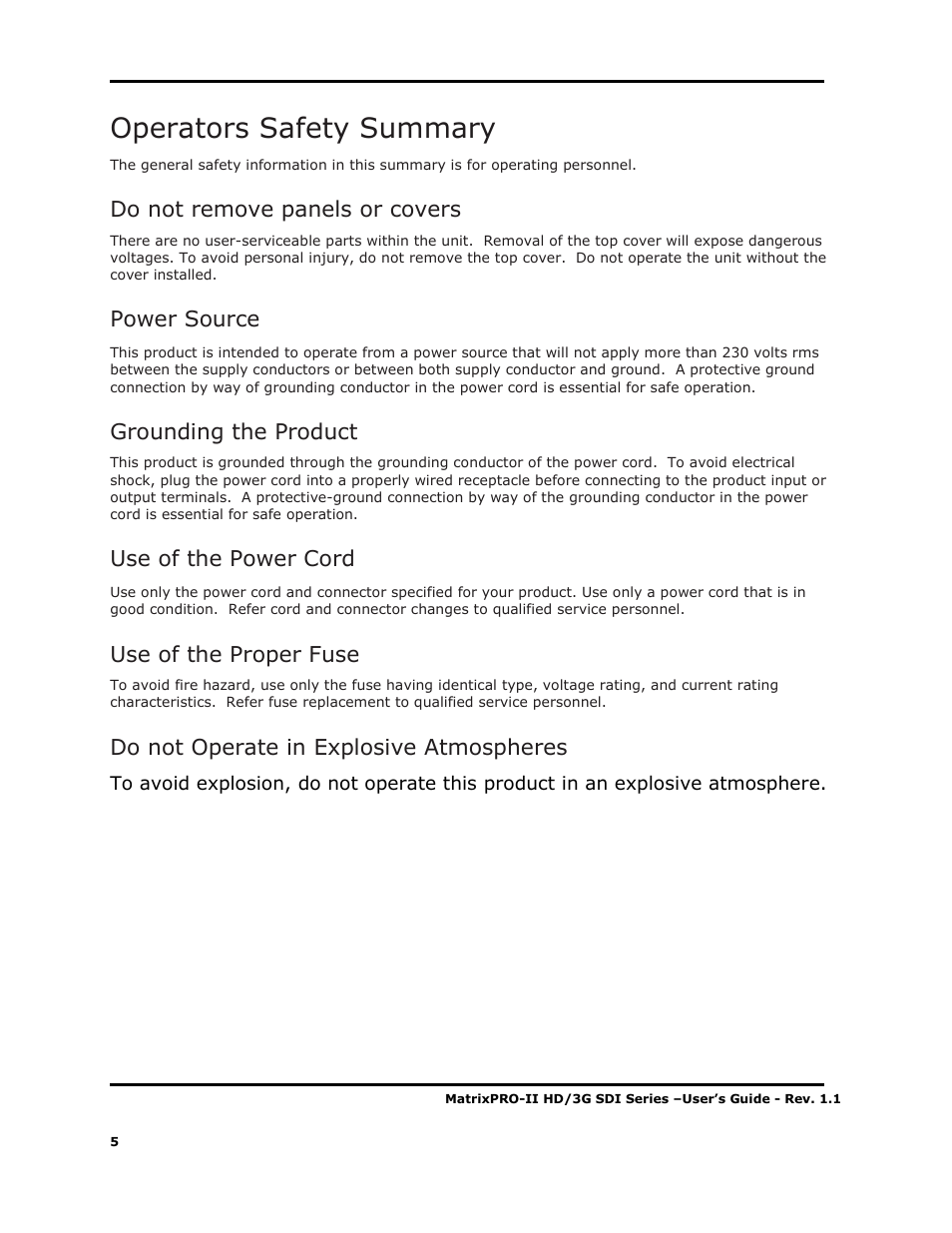 Operators safety summary, Do not remove panels or covers, Power source | Grounding the product, Use of the power cord, Use of the proper fuse, Do not operate in explosive atmospheres | Barco MATRIXPRO-II 3G/HD/SD-SD User Manual | Page 5 / 33
