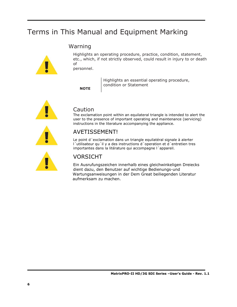 Terms in this manual and equipment marking, Warning, Caution | Avetissement, Vorsicht | Barco MATRIXPRO-II 3G/HD/SD-SD User Manual | Page 6 / 33