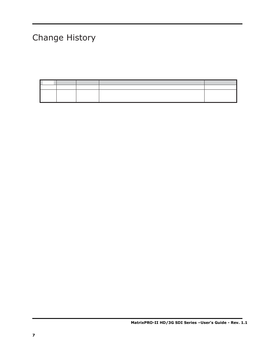 Change history, Matrixpro-ii 3g/hd/sd-sdi routers rev. 1.1 | Barco MATRIXPRO-II 3G/HD/SD-SD User Manual | Page 7 / 33