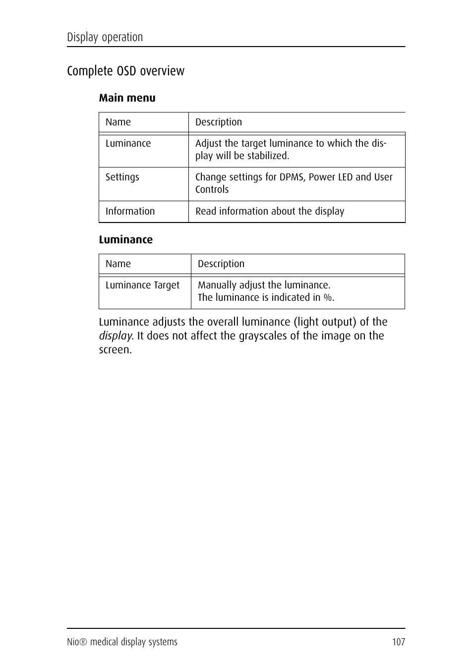 Complete osd overview | Barco NIO E-2620 User Manual | Page 107 / 148
