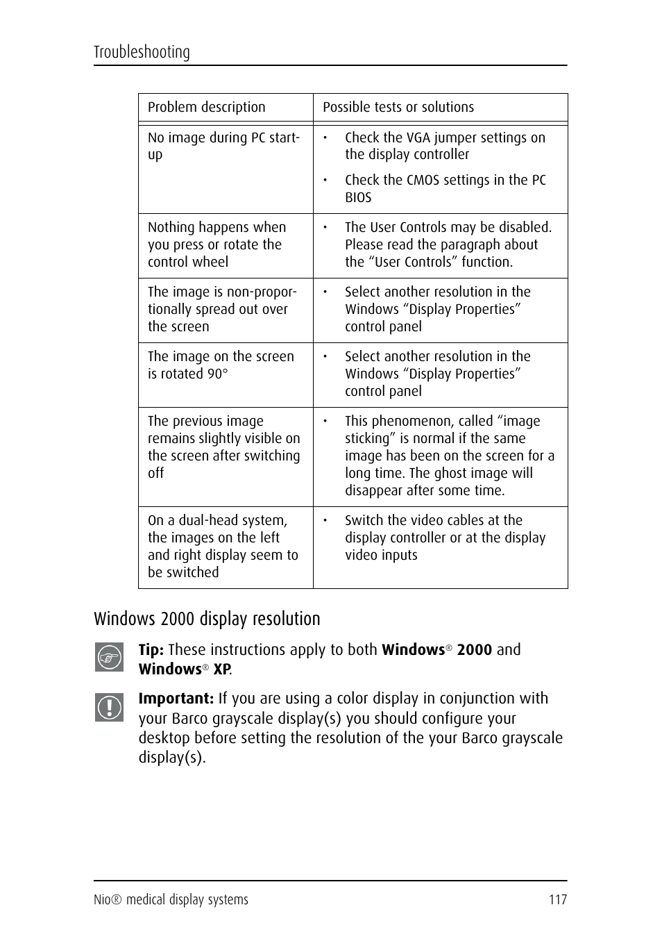 Windows 2000 display resolution, Troubleshooting | Barco NIO E-2620 User Manual | Page 117 / 148