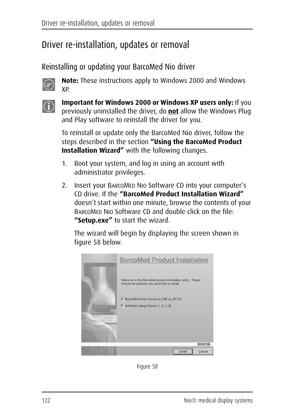 Driver re-installation, updates or removal, Reinstalling or updating your barcomed nio driver | Barco NIO E-2620 User Manual | Page 122 / 148