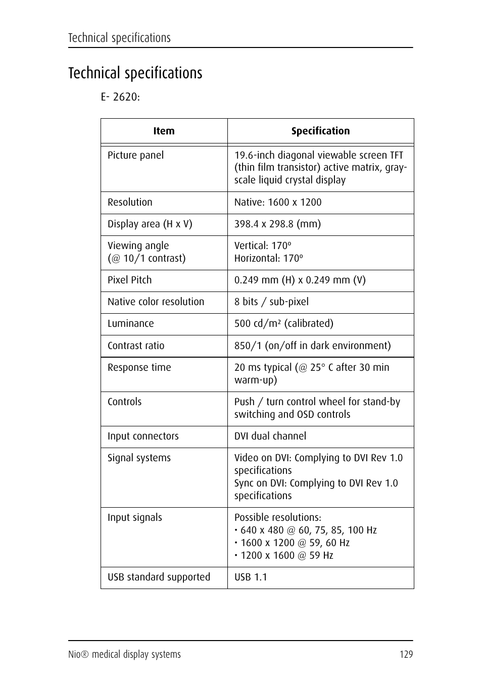 Technical specifications | Barco NIO E-2620 User Manual | Page 129 / 148