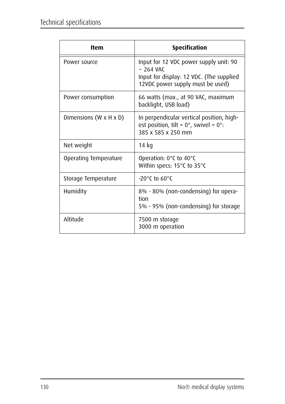Technical specifications | Barco NIO E-2620 User Manual | Page 130 / 148