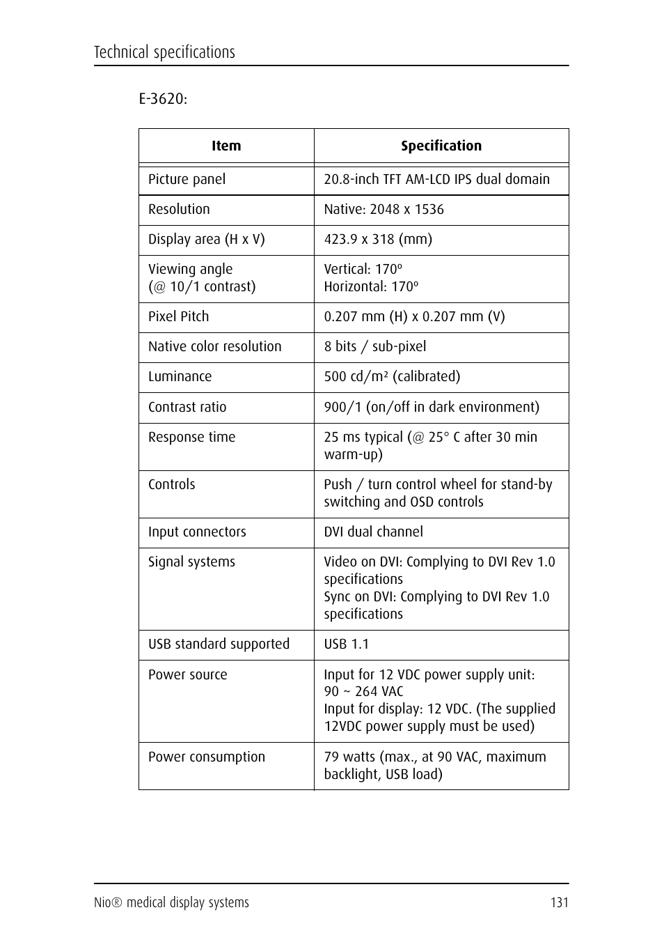 Technical specifications | Barco NIO E-2620 User Manual | Page 131 / 148