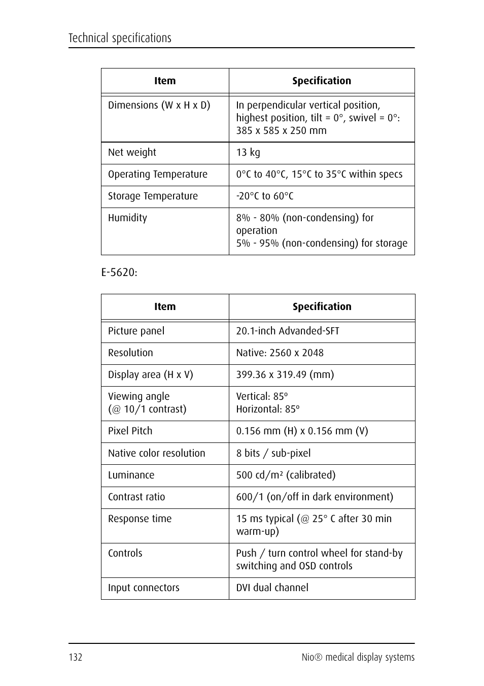 Technical specifications | Barco NIO E-2620 User Manual | Page 132 / 148
