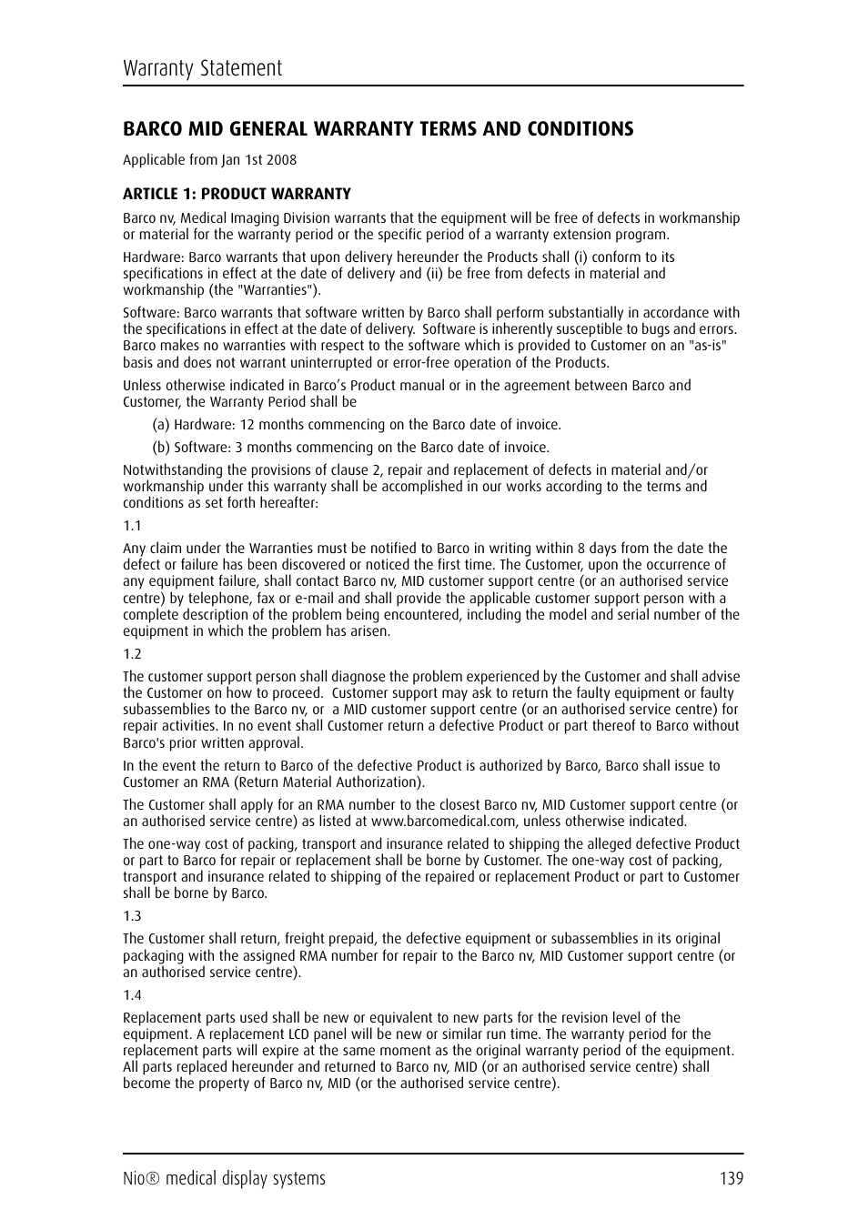 Warranty statement, Barco mid general warranty terms and conditions | Barco NIO E-2620 User Manual | Page 139 / 148