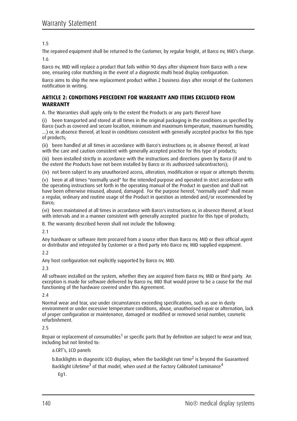 Warranty statement, 140 nio® medical display systems | Barco NIO E-2620 User Manual | Page 140 / 148