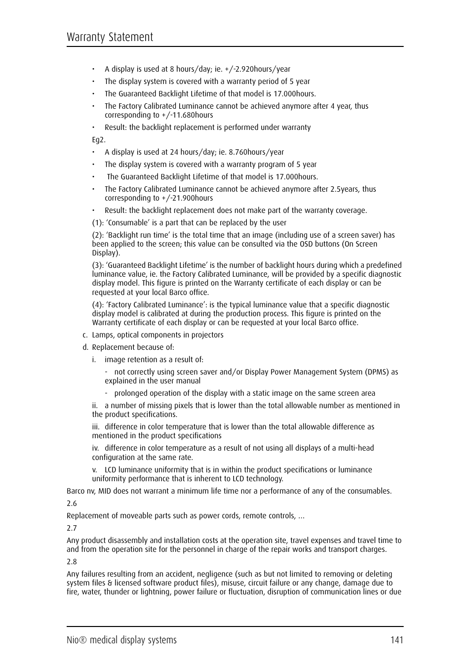 Warranty statement, Nio® medical display systems 141 | Barco NIO E-2620 User Manual | Page 141 / 148