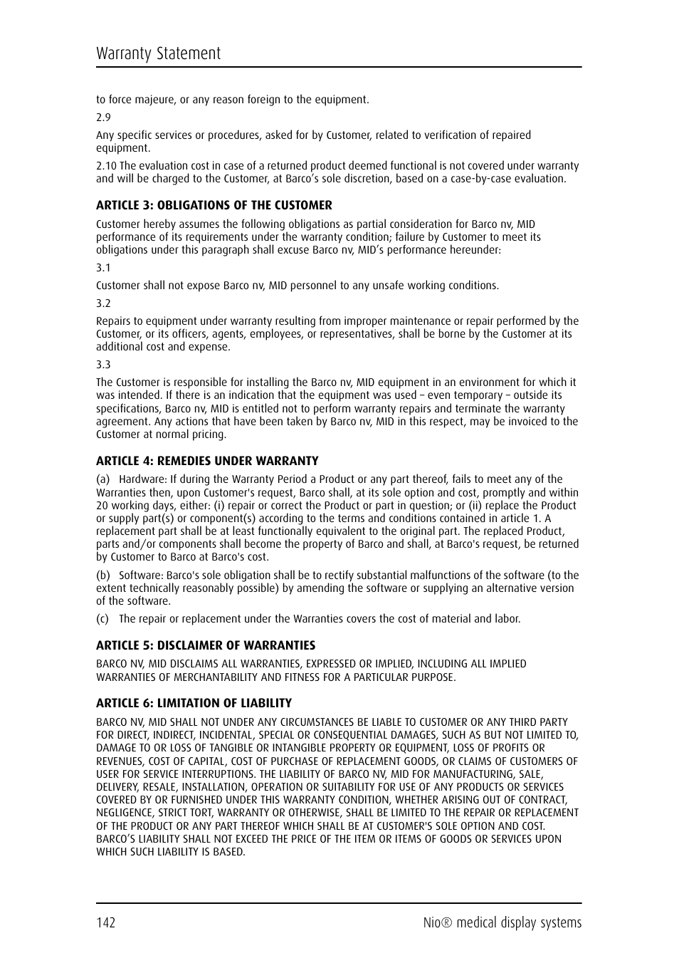 Warranty statement | Barco NIO E-2620 User Manual | Page 142 / 148