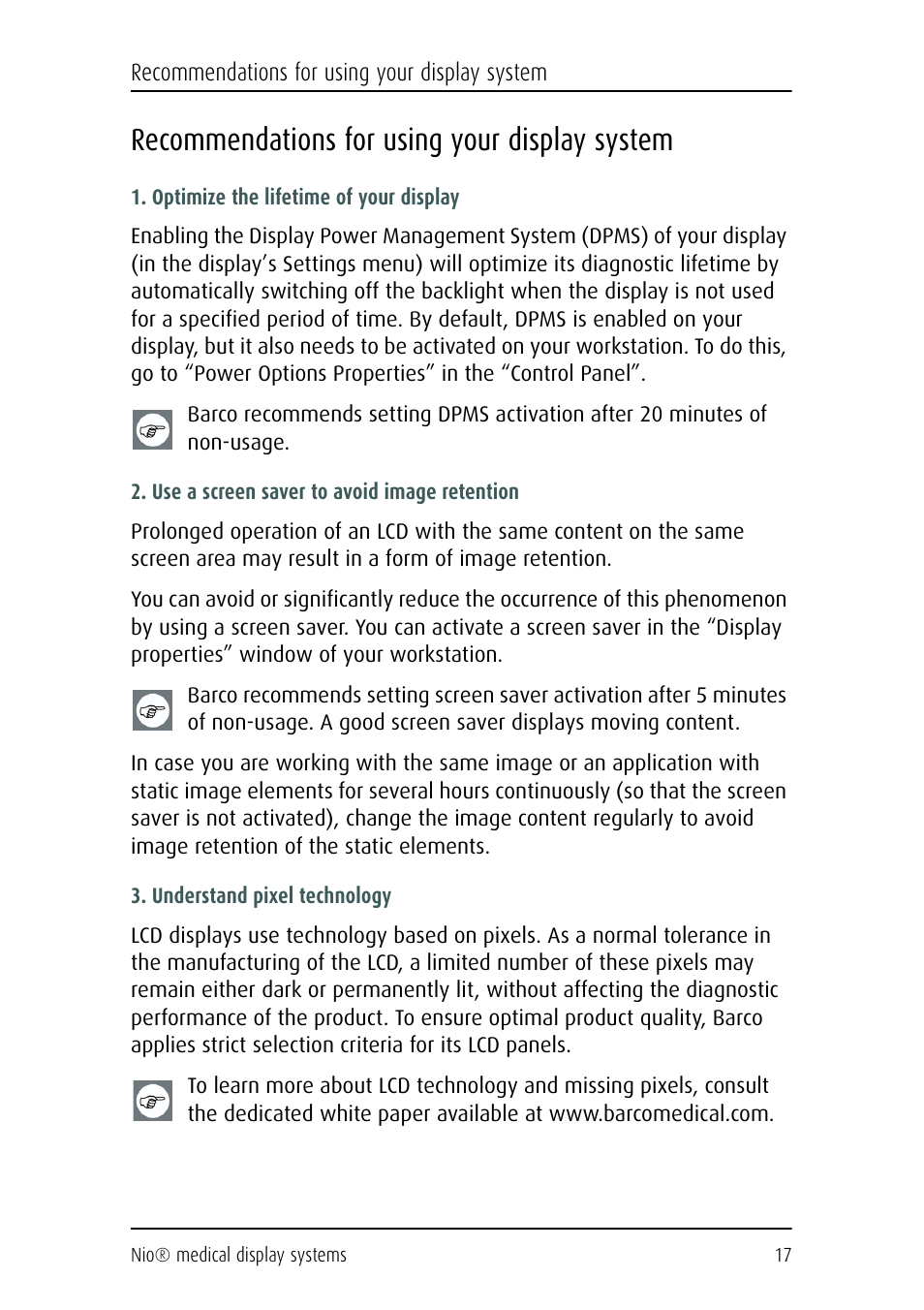 Recommendations for using your display system | Barco NIO E-2620 User Manual | Page 17 / 148