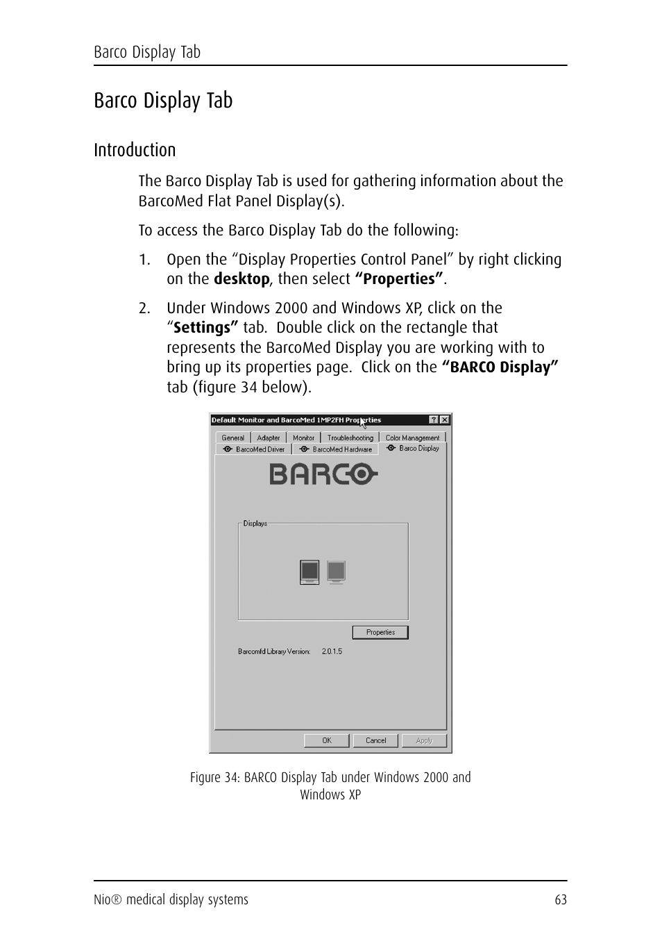 Barco display tab, Introduction | Barco NIO E-2620 User Manual | Page 63 / 148