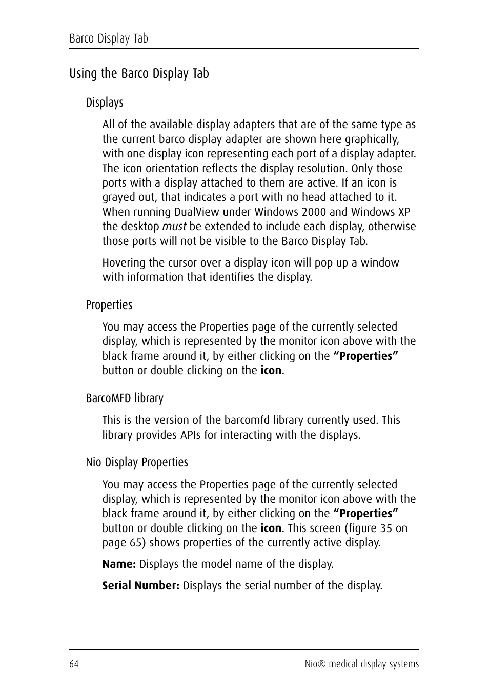 Using the barco display tab | Barco NIO E-2620 User Manual | Page 64 / 148