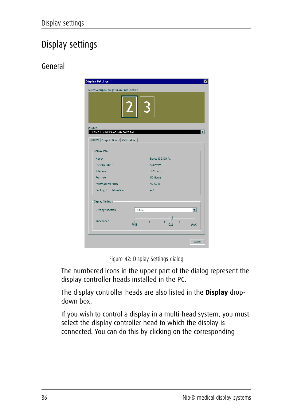 Display settings, General | Barco NIO E-2620 User Manual | Page 86 / 148