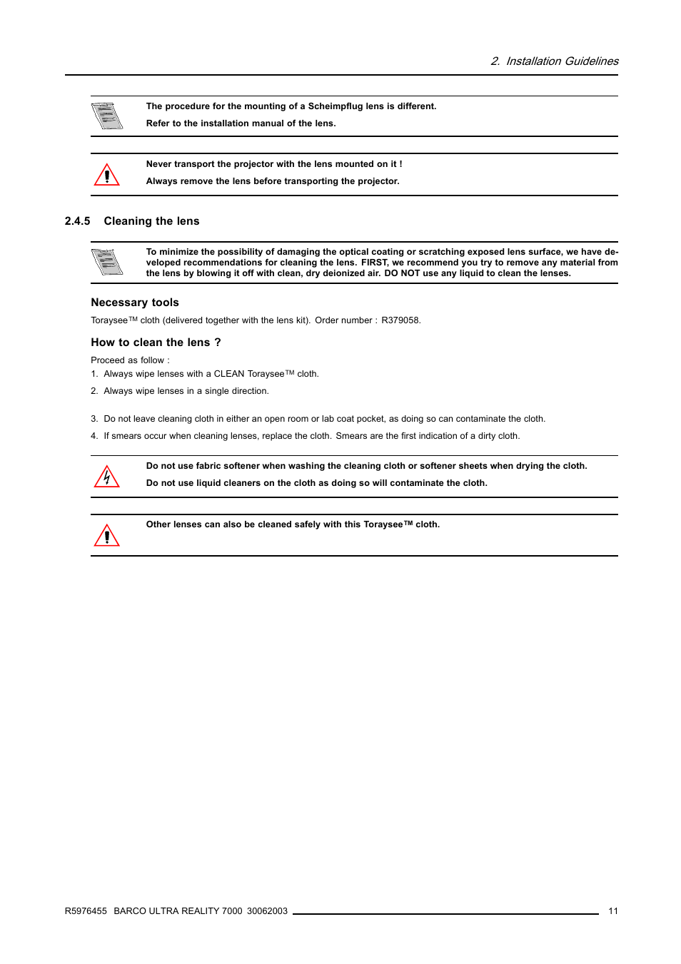 5 cleaning the lens, Cleaning the lens, Installation guidelines | Barco ULTRA REALITY 7000 User Manual | Page 15 / 99