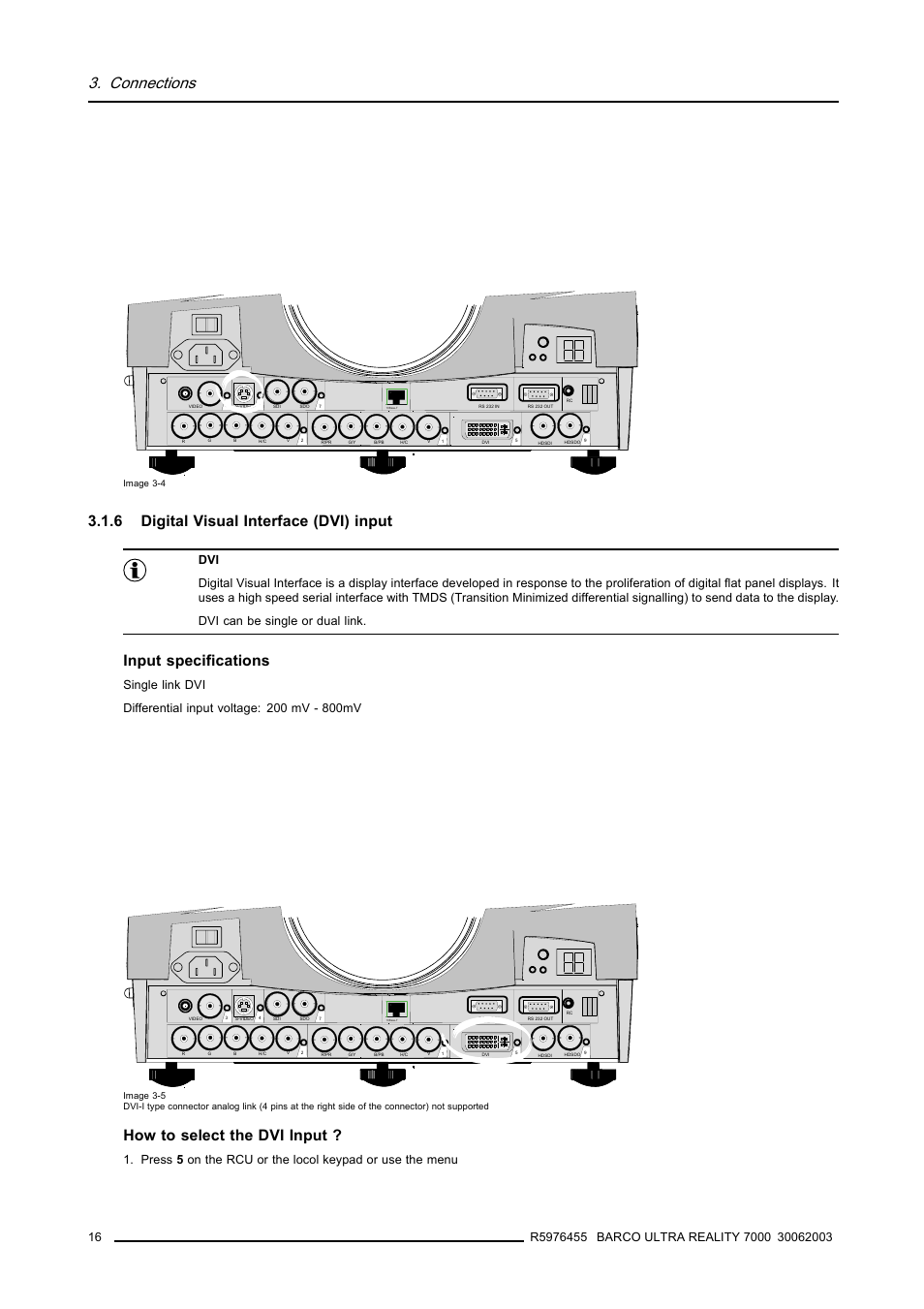 6 digital visual interface (dvi) input, Connections, Input specifications | How to select the dvi input | Barco ULTRA REALITY 7000 User Manual | Page 20 / 99