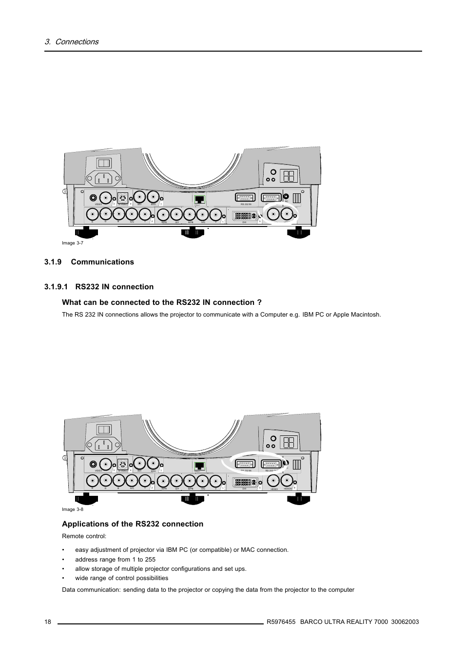 9 communications, 1 rs232 in connection, Connections | Applications of the rs232 connection | Barco ULTRA REALITY 7000 User Manual | Page 22 / 99