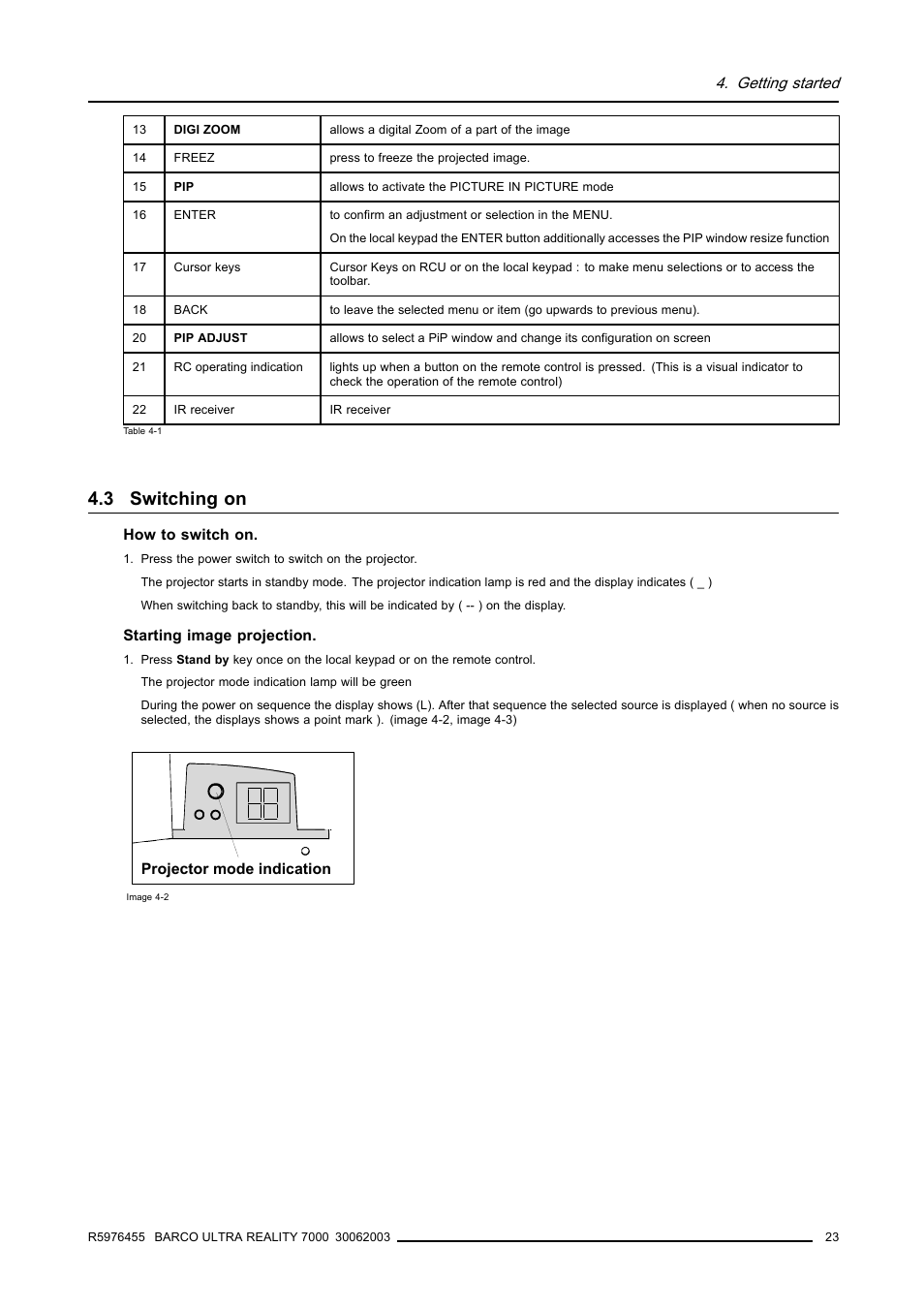 3 switching on, Switching on, Getting started | Barco ULTRA REALITY 7000 User Manual | Page 27 / 99