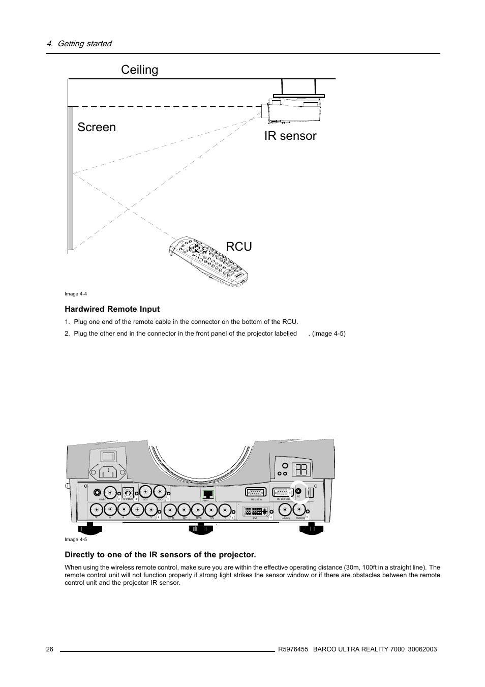 Image 4-4), Ceiling screen ir sensor rcu, Getting started | Hardwired remote input, Directly to one of the ir sensors of the projector | Barco ULTRA REALITY 7000 User Manual | Page 30 / 99