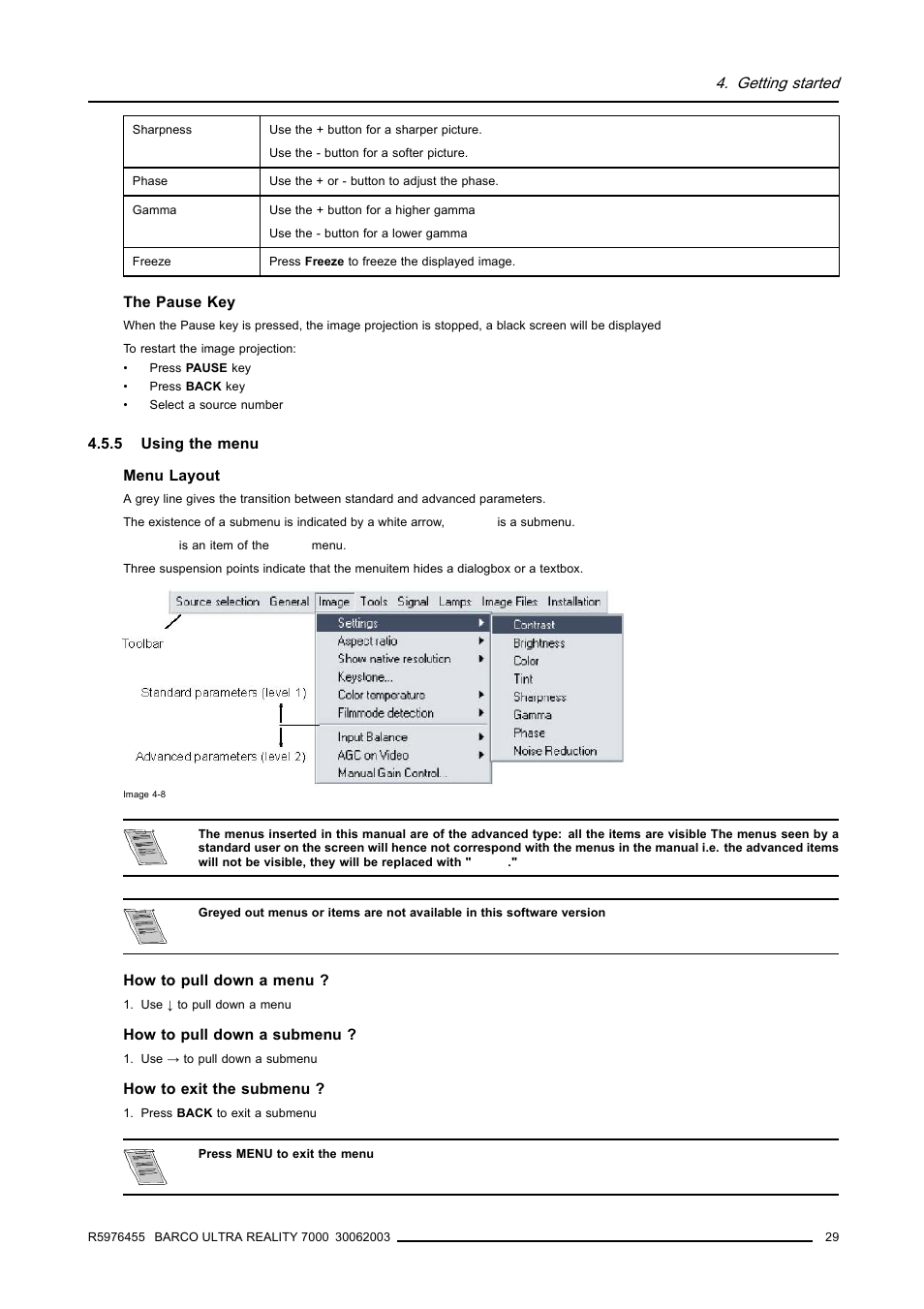 5 using the menu, Using the menu | Barco ULTRA REALITY 7000 User Manual | Page 33 / 99