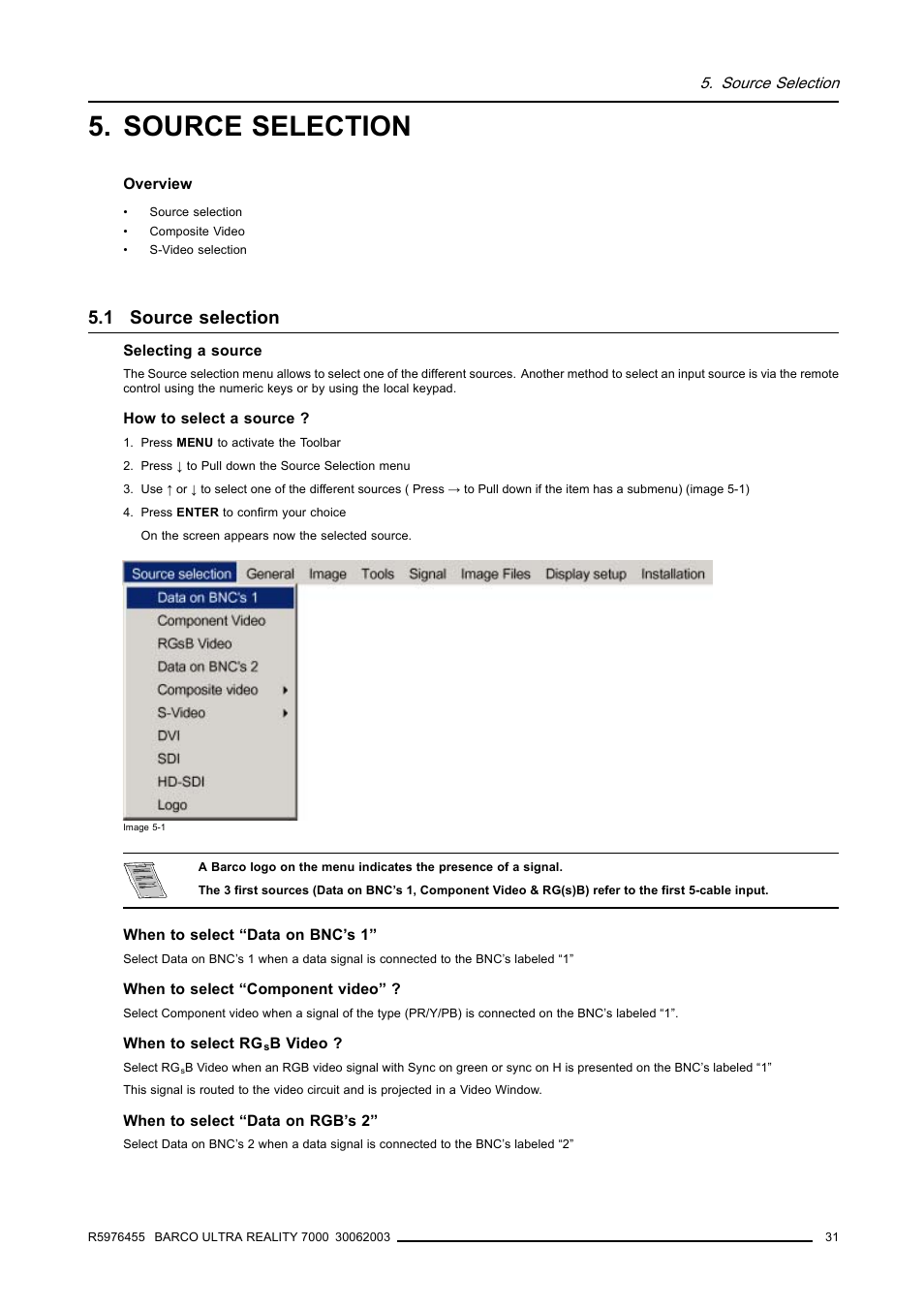 Source selection, 1 source selection | Barco ULTRA REALITY 7000 User Manual | Page 35 / 99