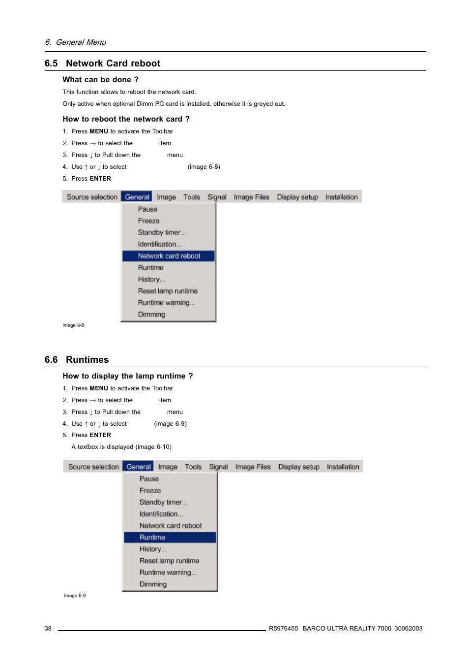 5 network card reboot, 6 runtimes, 38 6.6 runtimes | Network card reboot, Runtimes | Barco ULTRA REALITY 7000 User Manual | Page 42 / 99