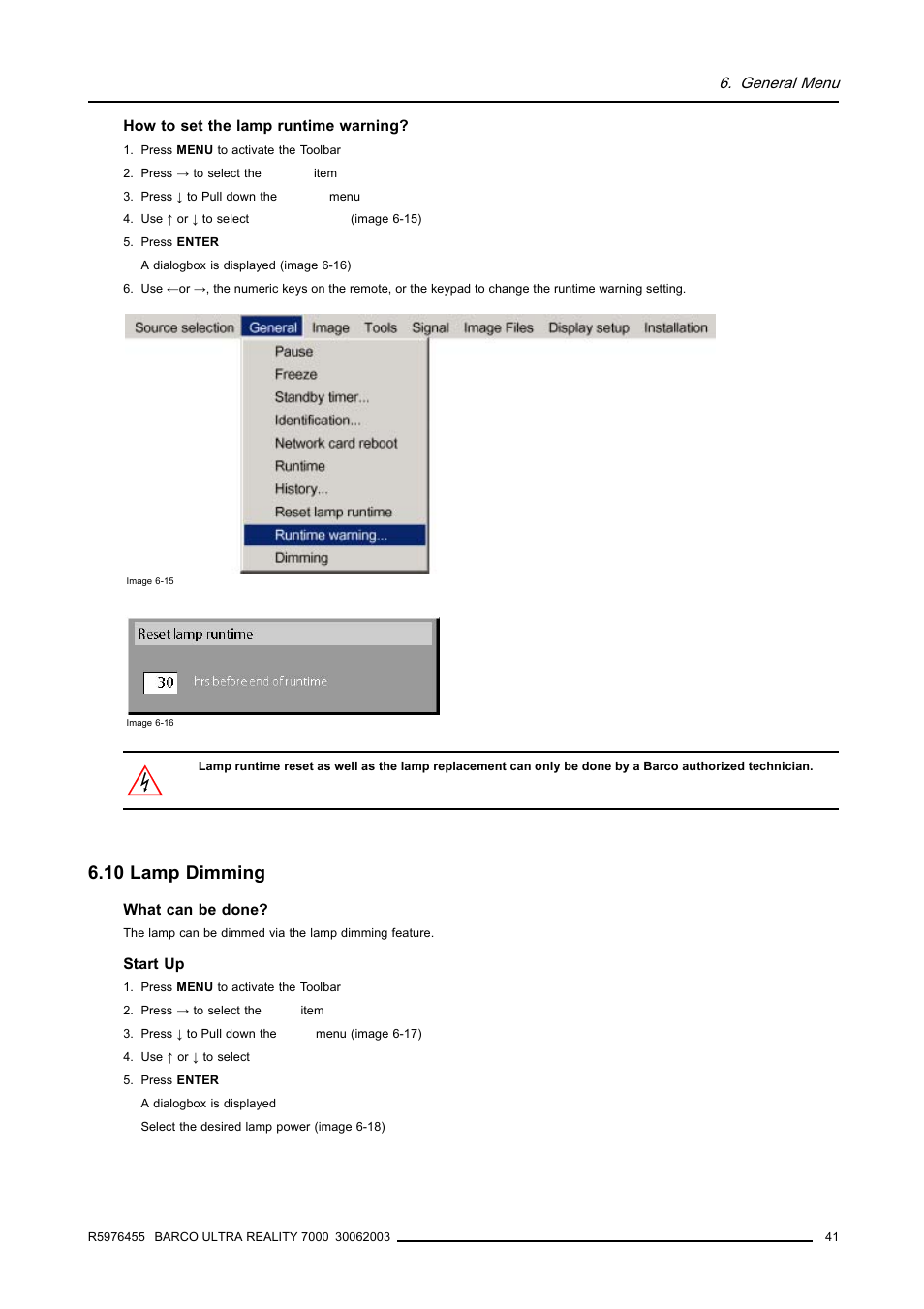 10 lamp dimming, 10lamp dimming, Lamp dimming | Barco ULTRA REALITY 7000 User Manual | Page 45 / 99