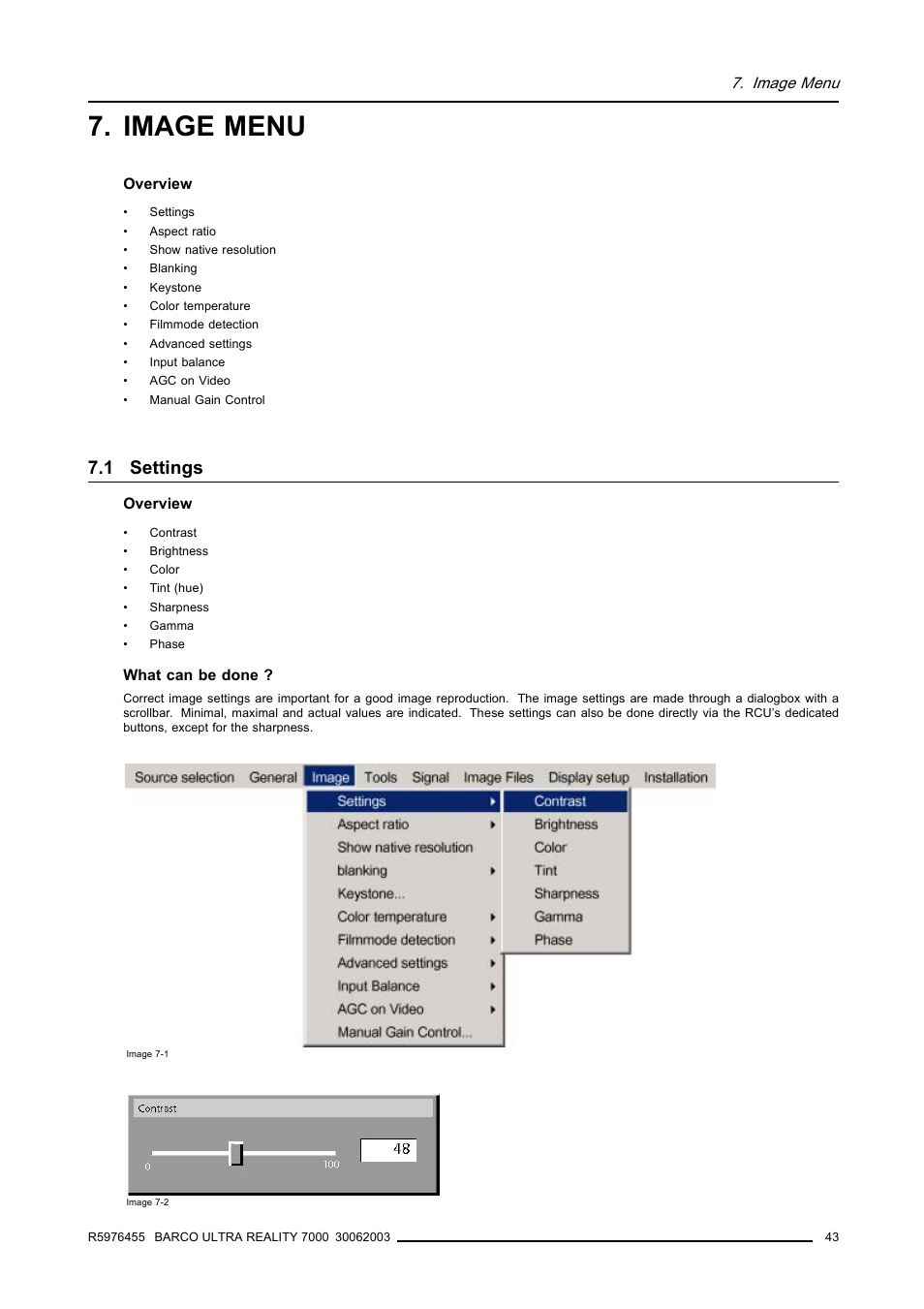 Image menu, 1 settings | Barco ULTRA REALITY 7000 User Manual | Page 47 / 99