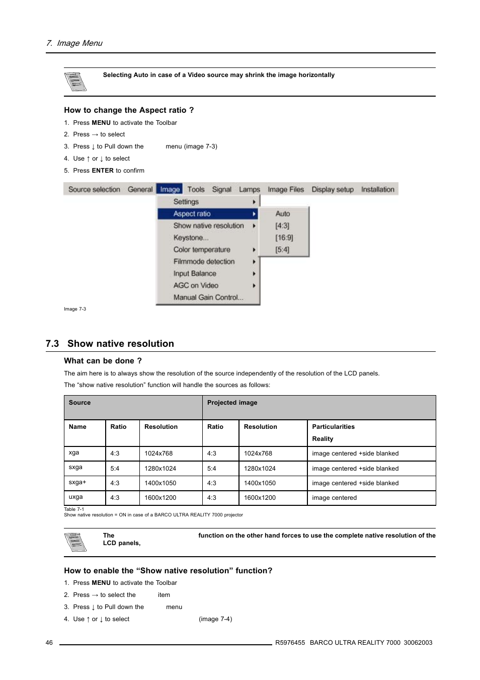 3 show native resolution, Show native resolution, Image menu | Barco ULTRA REALITY 7000 User Manual | Page 50 / 99