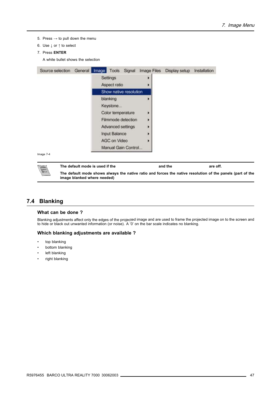 4 blanking, Blanking | Barco ULTRA REALITY 7000 User Manual | Page 51 / 99