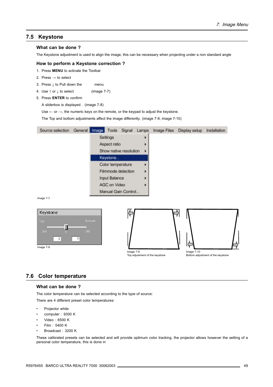 5 keystone, 6 color temperature, Keystone | Color temperature, Image menu | Barco ULTRA REALITY 7000 User Manual | Page 53 / 99