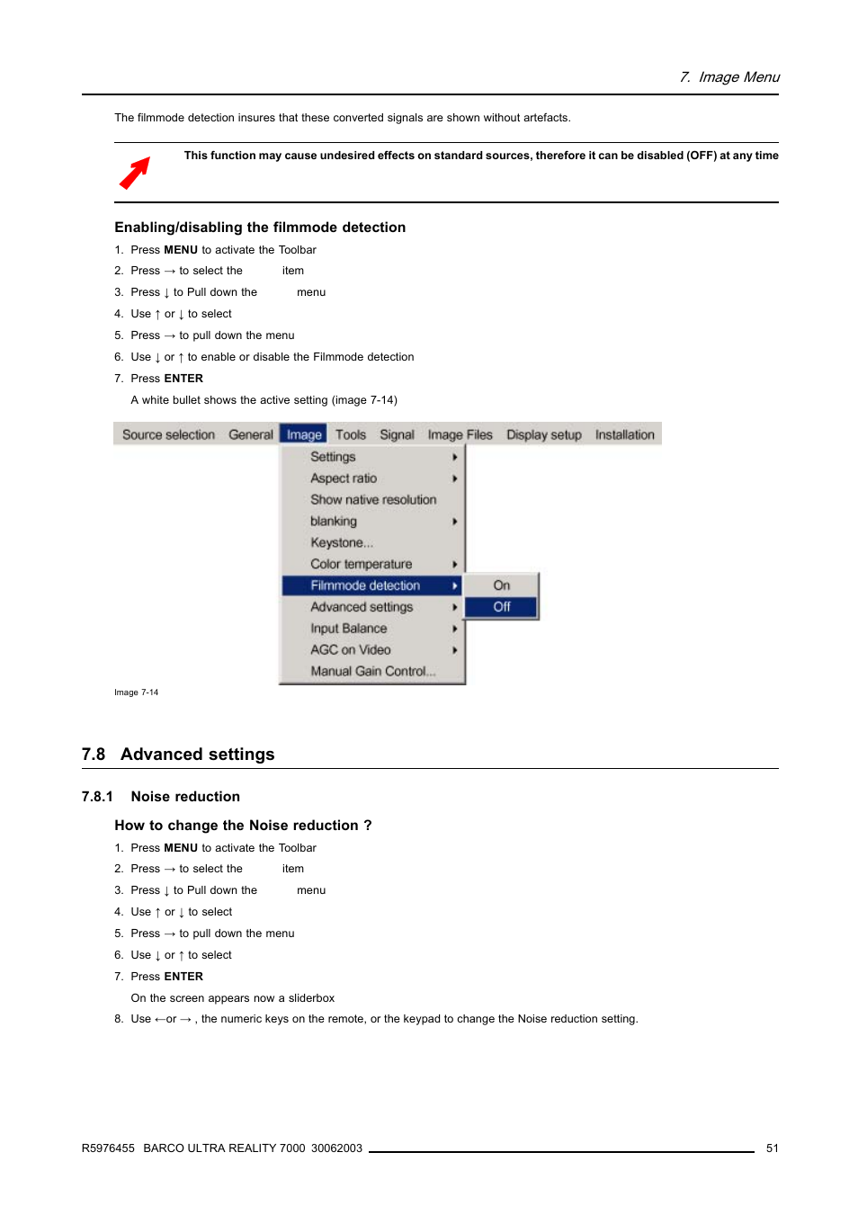 8 advanced settings, 1 noise reduction, Advanced settings | Barco ULTRA REALITY 7000 User Manual | Page 55 / 99