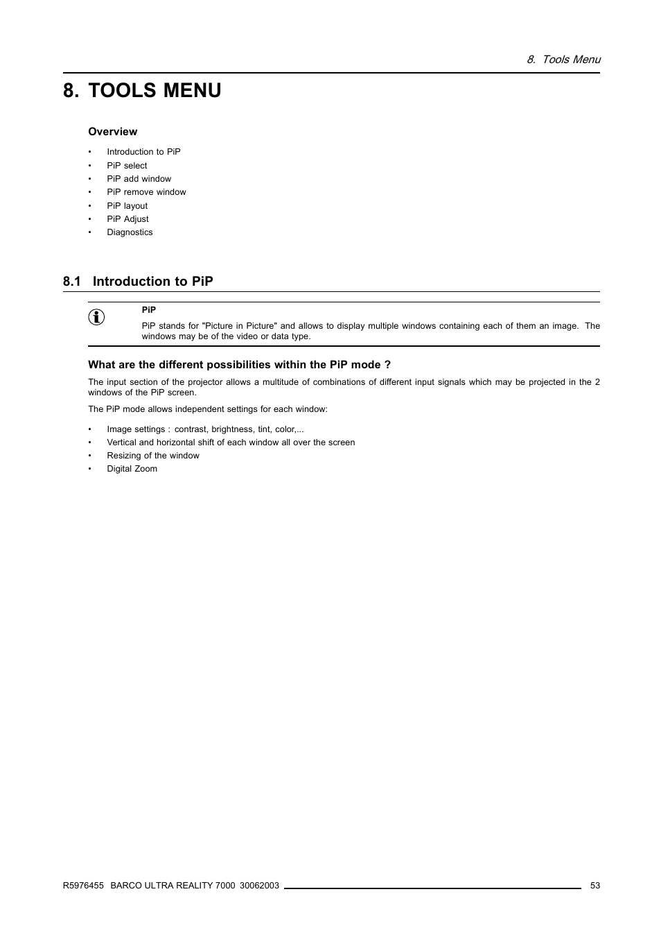 Tools menu, 1 introduction to pip | Barco ULTRA REALITY 7000 User Manual | Page 57 / 99