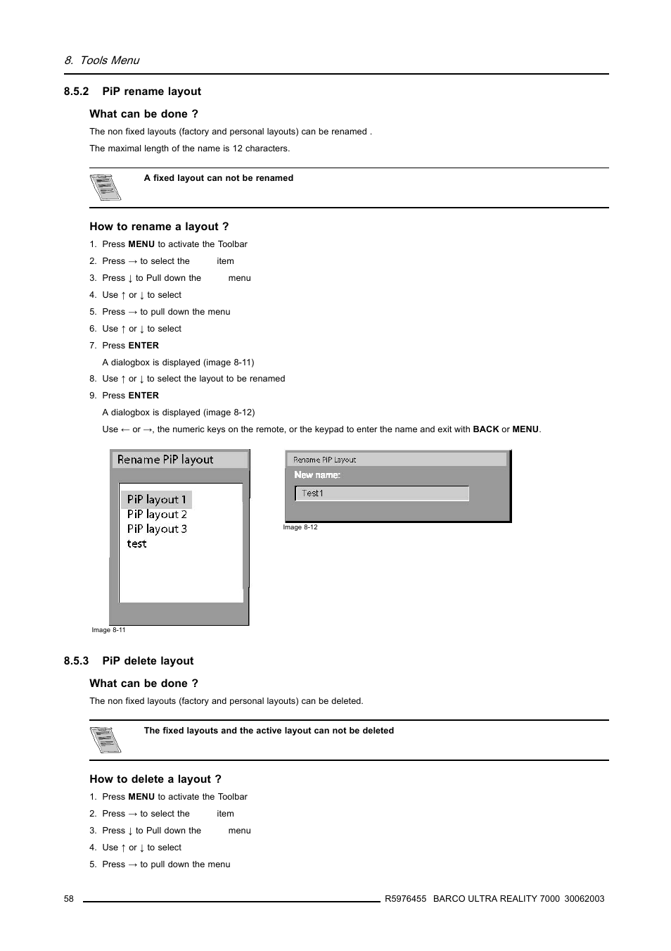2 pip rename layout, 3 pip delete layout, 58 8.5.3 pip delete layout | Pip rename layout, Pip delete layout | Barco ULTRA REALITY 7000 User Manual | Page 62 / 99