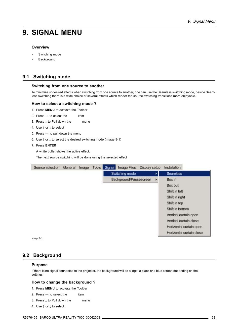 Signal menu, 1 switching mode, 2 background | 63 9.2 background | Barco ULTRA REALITY 7000 User Manual | Page 67 / 99