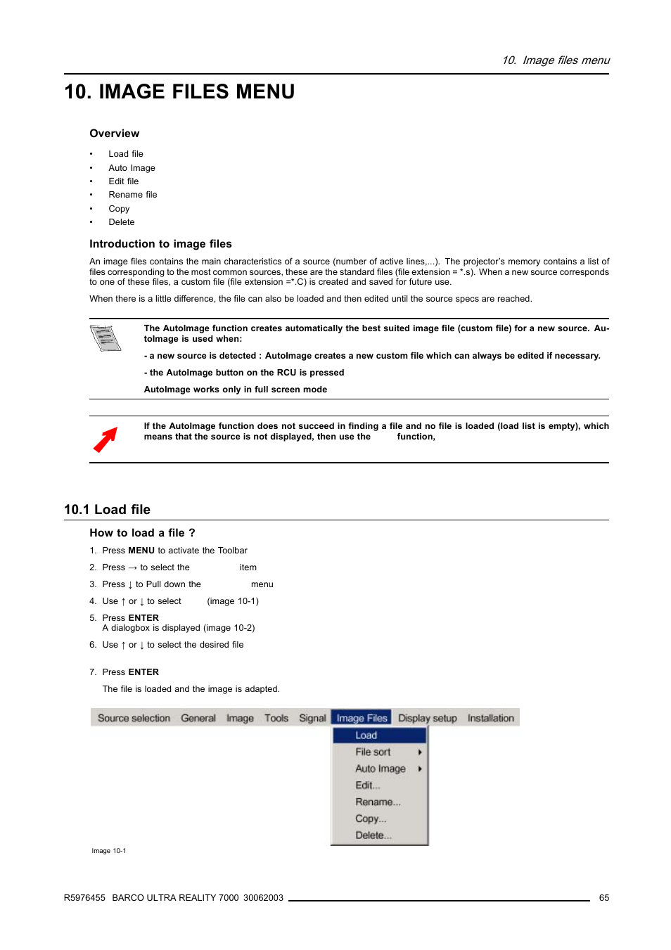 Image files menu, 1 load file, 1load file | Barco ULTRA REALITY 7000 User Manual | Page 69 / 99
