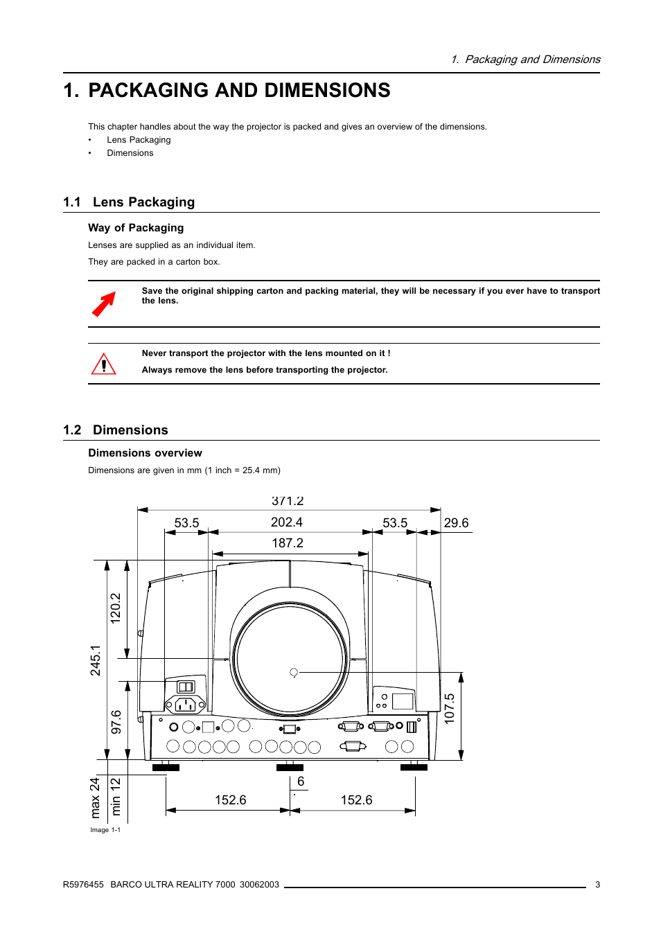 Packaging and dimensions, 1 lens packaging, 2 dimensions | 3 1.2 dimensions | Barco ULTRA REALITY 7000 User Manual | Page 7 / 99