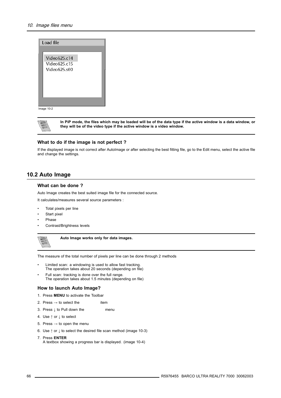 2 auto image, 2auto image, Auto image | Image 10-2), Image files menu | Barco ULTRA REALITY 7000 User Manual | Page 70 / 99