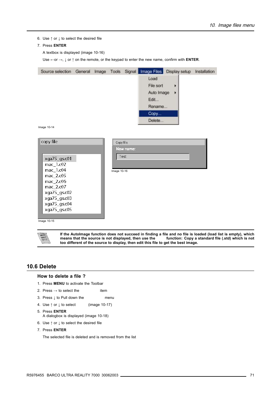 6 delete, 6delete, Delete | Image 10-14, Image 10-15), Image files menu | Barco ULTRA REALITY 7000 User Manual | Page 75 / 99