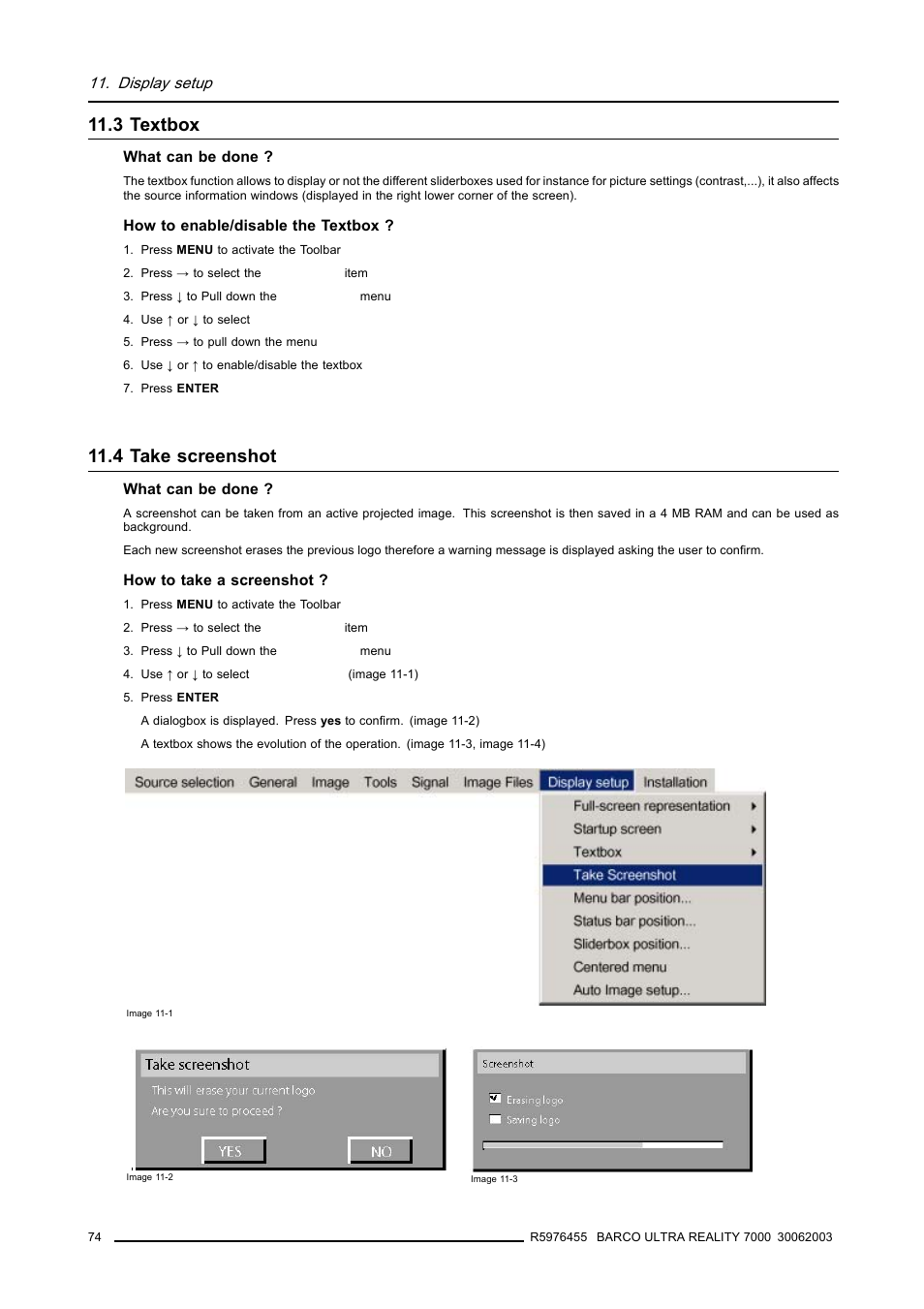 3 textbox, 4 take screenshot, 3textbox | 74 11.4take screenshot, Textbox, Take screenshot | Barco ULTRA REALITY 7000 User Manual | Page 78 / 99