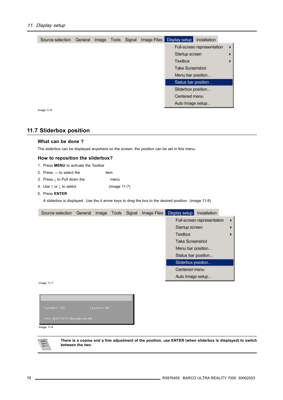 7 sliderbox position, 7sliderbox position, Sliderbox position | Display setup | Barco ULTRA REALITY 7000 User Manual | Page 80 / 99