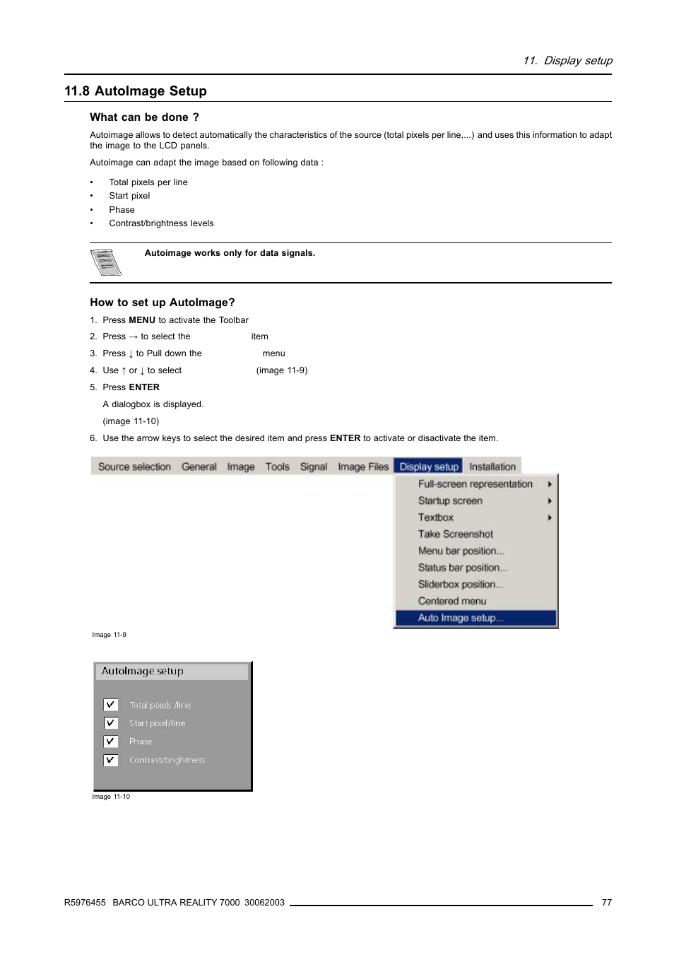 8 autoimage setup, 8autoimage setup, Autoimage setup | Display setup | Barco ULTRA REALITY 7000 User Manual | Page 81 / 99
