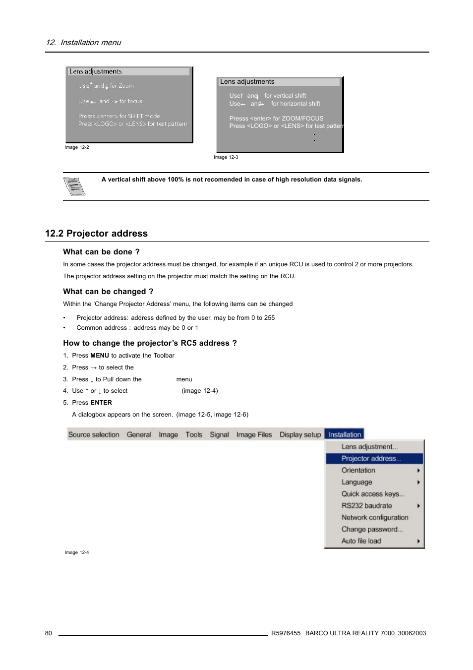 2 projector address, 2projector address, Projector address | Image 12-2, image 12-3), Installation menu | Barco ULTRA REALITY 7000 User Manual | Page 84 / 99
