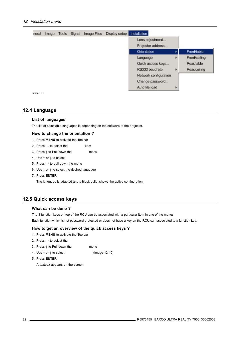 4 language, 5 quick access keys, 4language | 82 12.5quick access keys, Language, Quick access keys | Barco ULTRA REALITY 7000 User Manual | Page 86 / 99