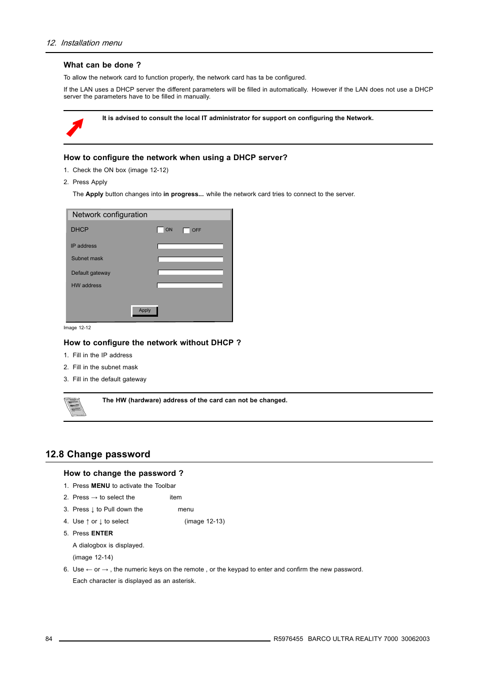 8 change password, 8change password, Change password | Installation menu | Barco ULTRA REALITY 7000 User Manual | Page 88 / 99